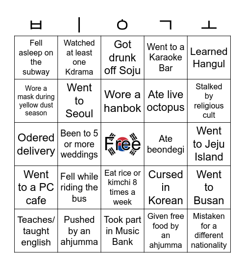 Korea Bingo Card
