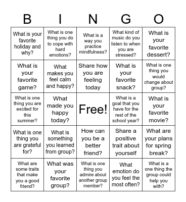 Group Party Bingo Card