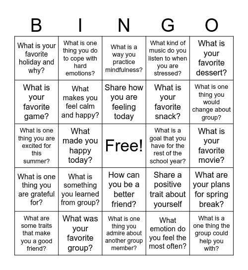 Group Party Bingo Card