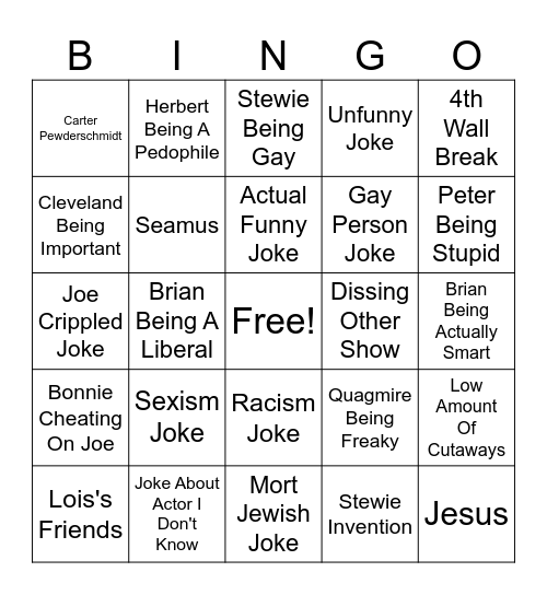 Family Guy Episode Bingo Card