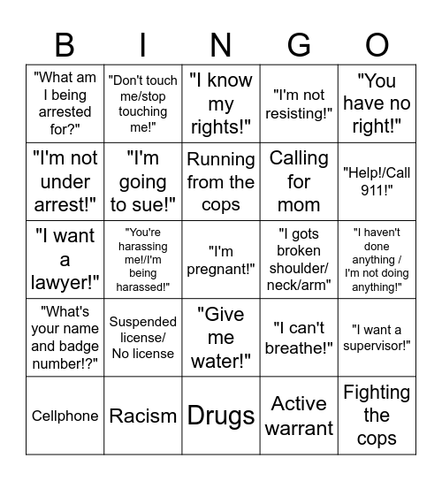 Bodycam Bingo Card