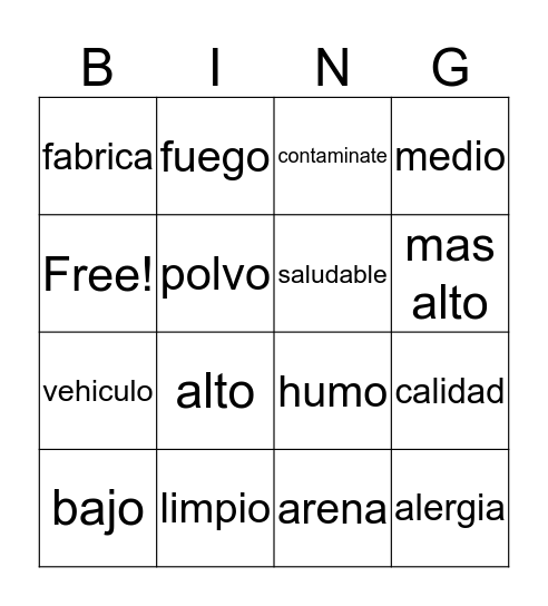 Contaminates del Aire Bingo Card