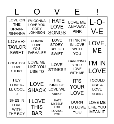 SONGS WITH THE WORD LOVE Bingo Card