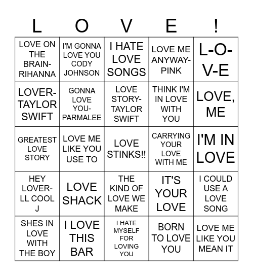 SONGS WITH THE WORD LOVE Bingo Card