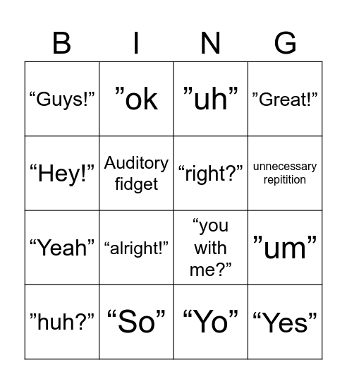 Filler word bingo Card