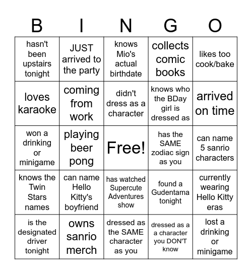 Mio's Bday Bingo Card