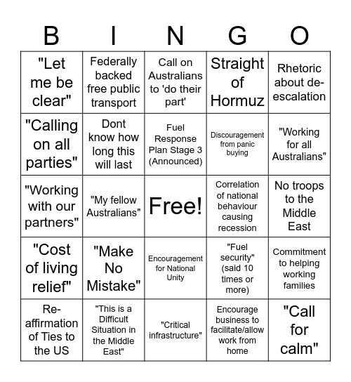 Albo's National Address Bingo Card