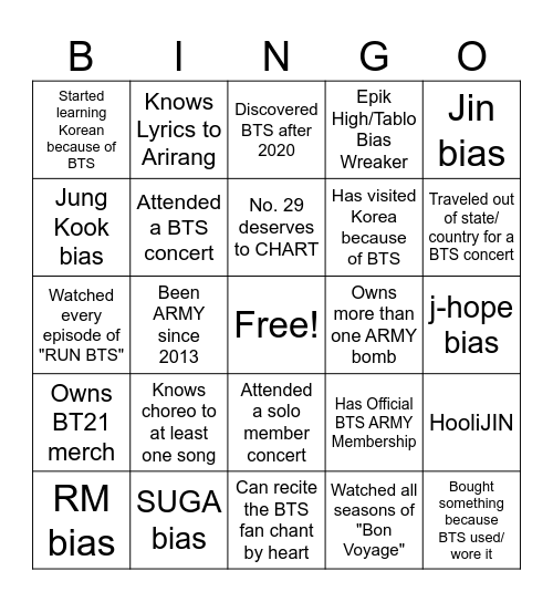 BTS ARMY Bingo Card