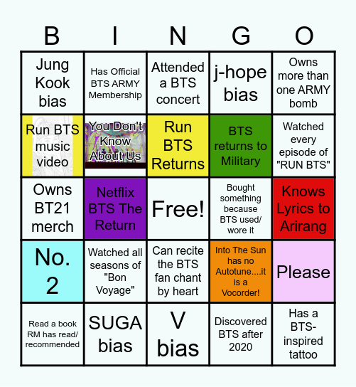 BTS ARMY Bingo Card