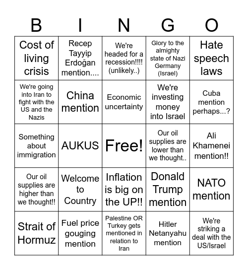 Albo's April Fools Address Bingo Card