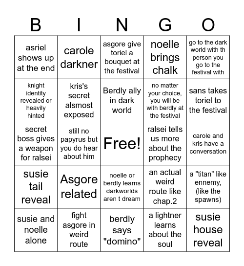 Deltarune chapter 5 Bingo Card