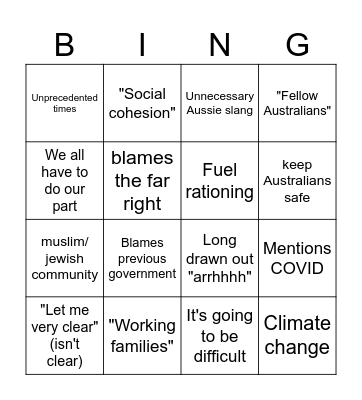 Anthony Albikini Address to Nation Bingo Card