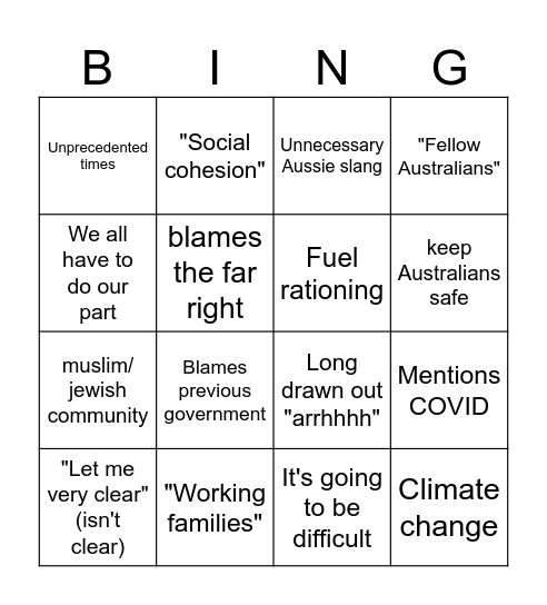 Anthony Albikini Address to Nation Bingo Card