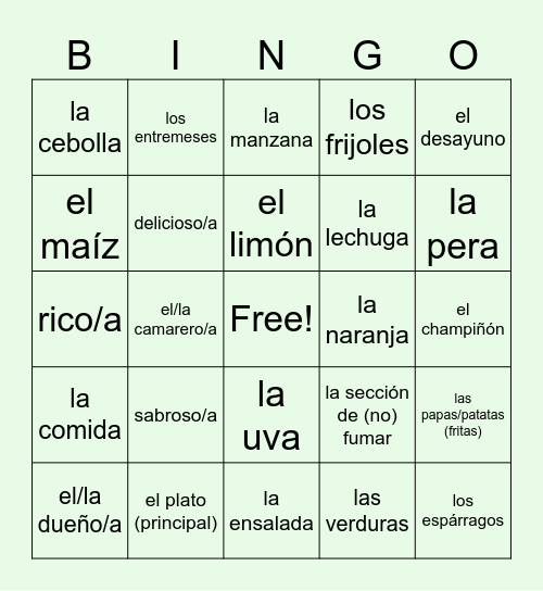 Leccion 2: La comida Bingo Card