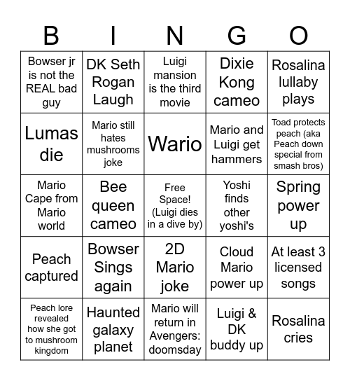 Mario Galaxy movie Bingo card Bingo Card