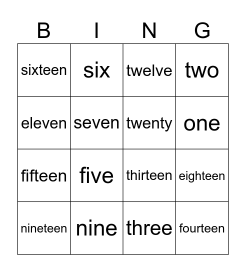 number 1-20 Bingo Card
