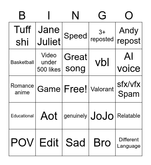 Tiktok bingo Card