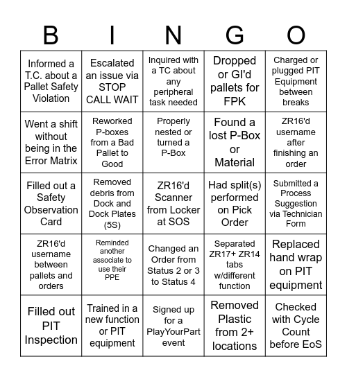 Logistics BINGO Card