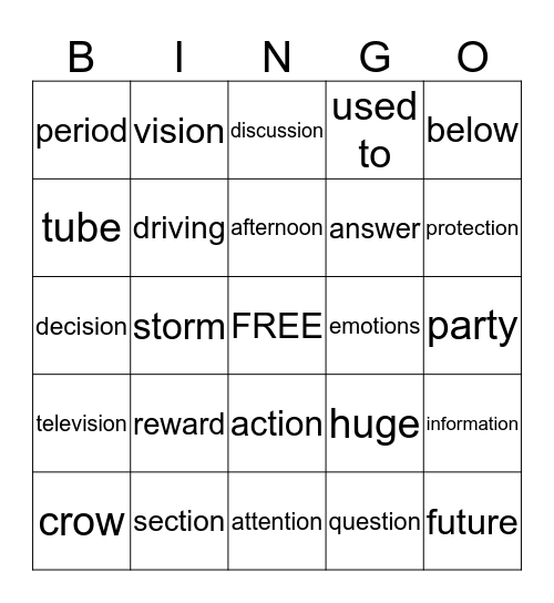 Week 15 Spelling Words Bingo Card