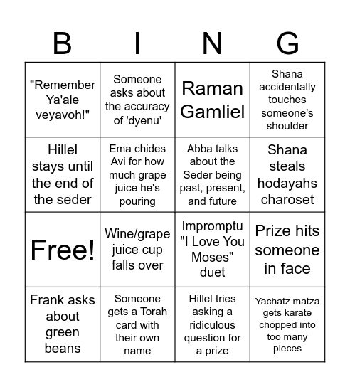 Dardik Seder Bingo Card