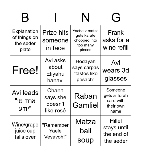 Dardik Seder Bingo Card