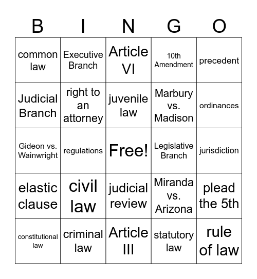Judicial Branch and Law Bingo Card