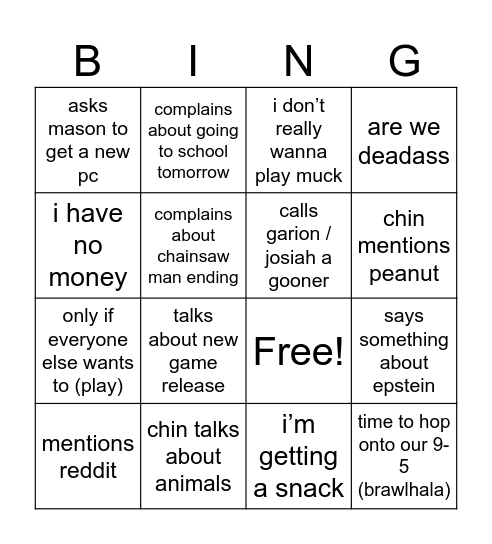 chin bingo Card