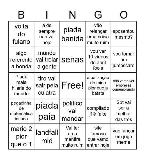 BINGO DO PRIMEIRO DE ABRIL Bingo Card