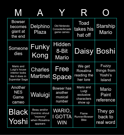 Mario Galaxy Movie Bingo Card