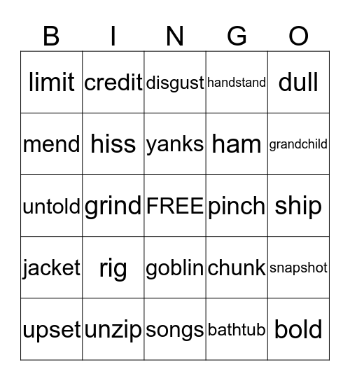 Real Words Bingo Card