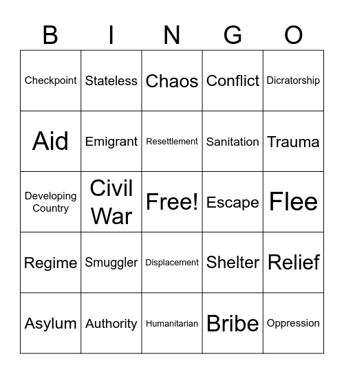 Refugee Vocab Bingo Card
