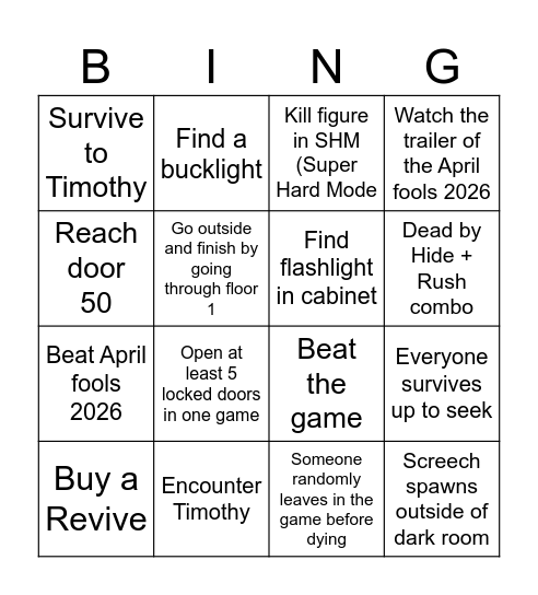 Roblox Doors Bingo (multiplayer lobbies) Bingo Card