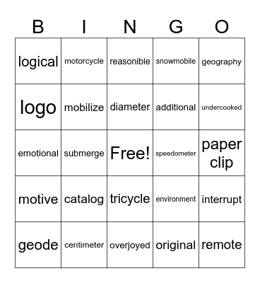 4th Grade Bingo Card
