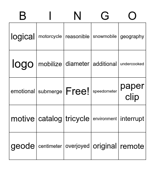 4th Grade Bingo Card