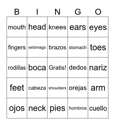Parts of the Body Bingo Card