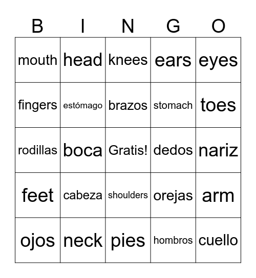 Parts of the Body Bingo Card