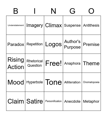 Literary Terms Bingo Card