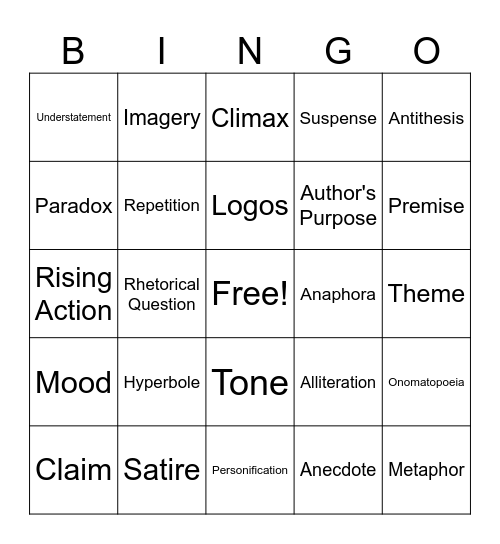 Literary Terms Bingo Card