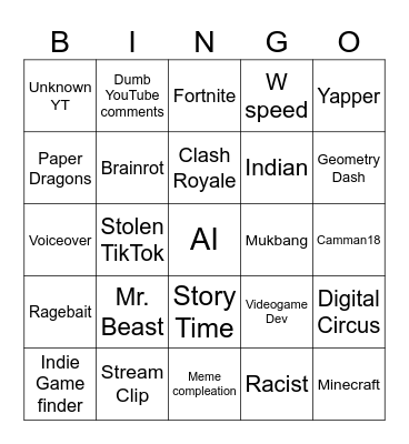 YouTube shorts bingo Card
