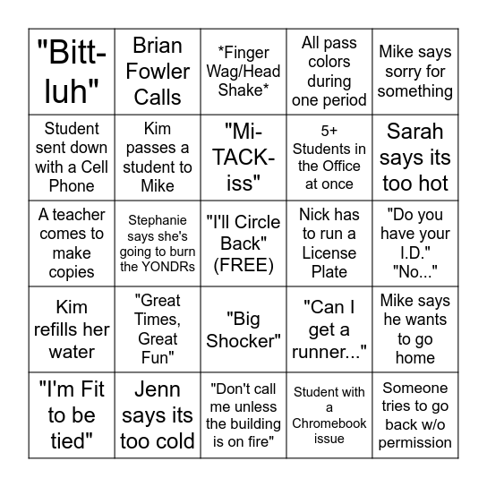 A.P. Office Bingo Card