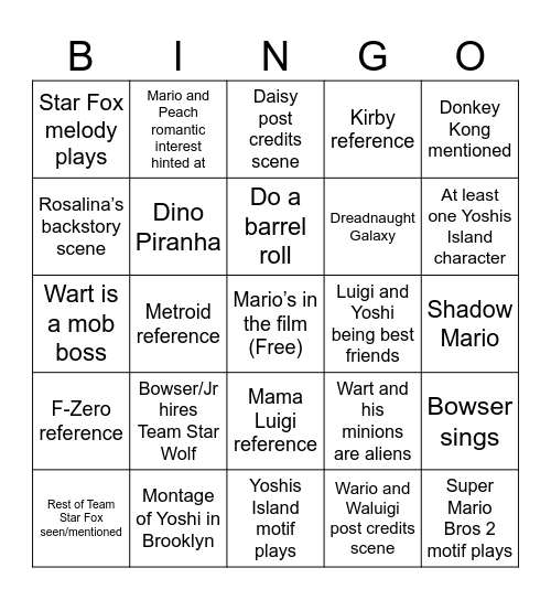 Mario Galaxy movie bingo Card