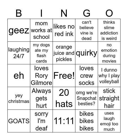 KINNEY BINGO Card