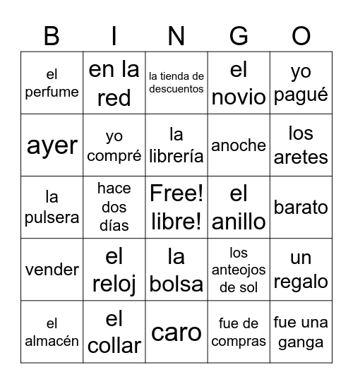 7B el pasado y accesorios Bingo Card