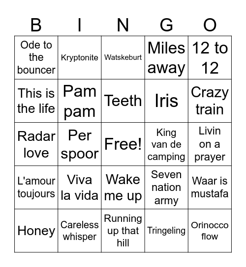 Muziekbingo 18+ weekend 2026 Bingo Card