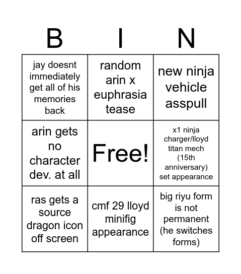Ninjago DR s4 pt1 predicition bingo Card