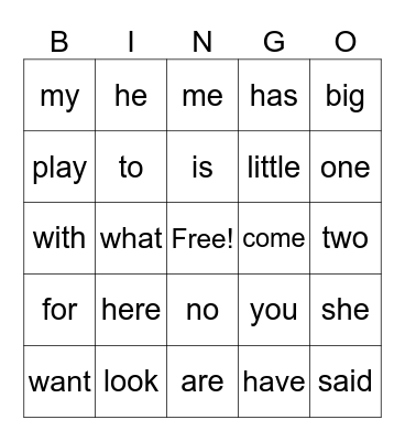 Sight Words Bingo Card