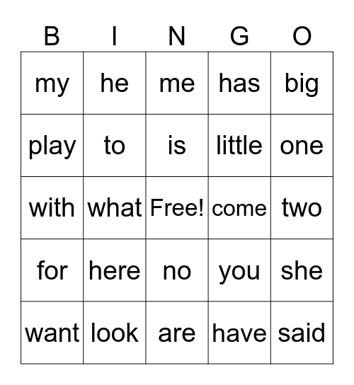 Sight Words Bingo Card