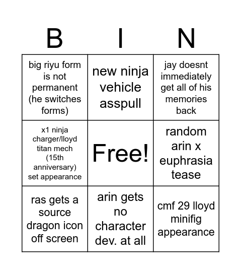 Ninjago DR s4 pt1 predicition bingo Card