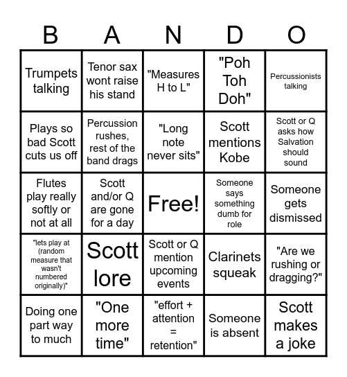 SHS band bingo Card
