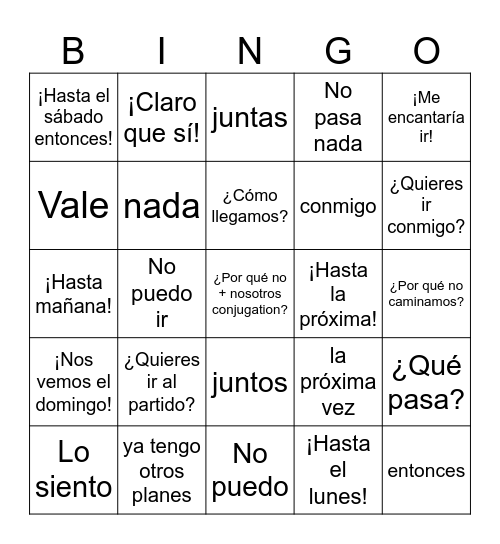 MAKING PLANS CUT OUTS SPANISH 1B Bingo Card
